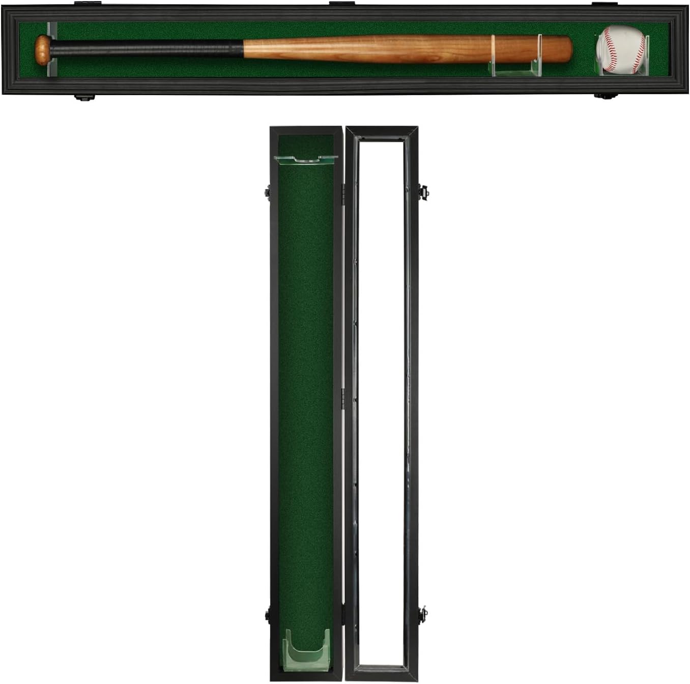 Baseball Bat Display Case Wood Frame Wall Mounted Vertical or Horizontal Holder Rack Cabinet with UV Protection-Lockable Acrylic Door- Black 1 Pack Black-Green Felt