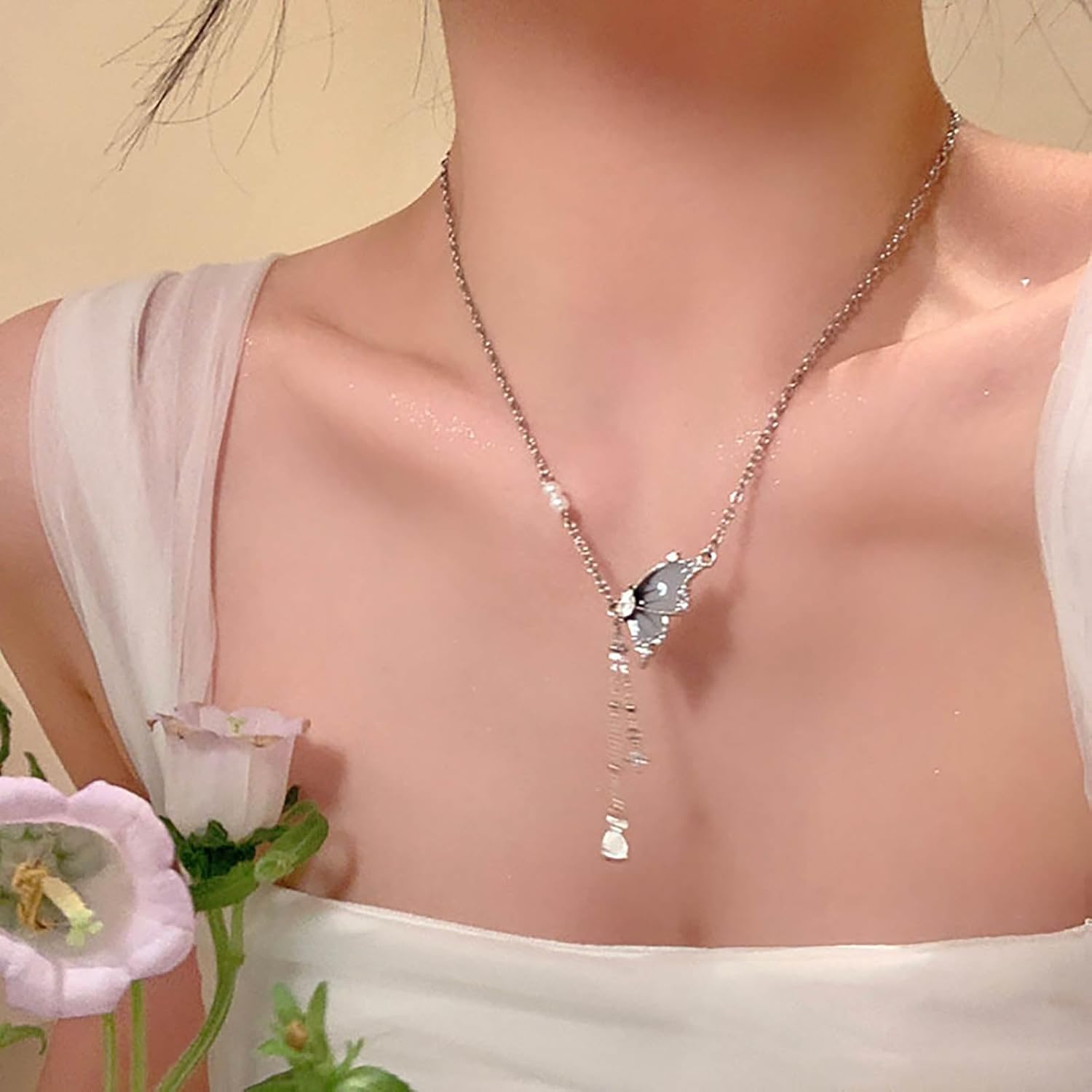 Bohemian Crystal Butterfly Choker Necklace Silver Butterfly Pearl Pendant Necklace Blue Enamel Butterfly Necklace Teardrop Cz Tassel Chain Necklace Jewelry for Women Gifts - Image 5