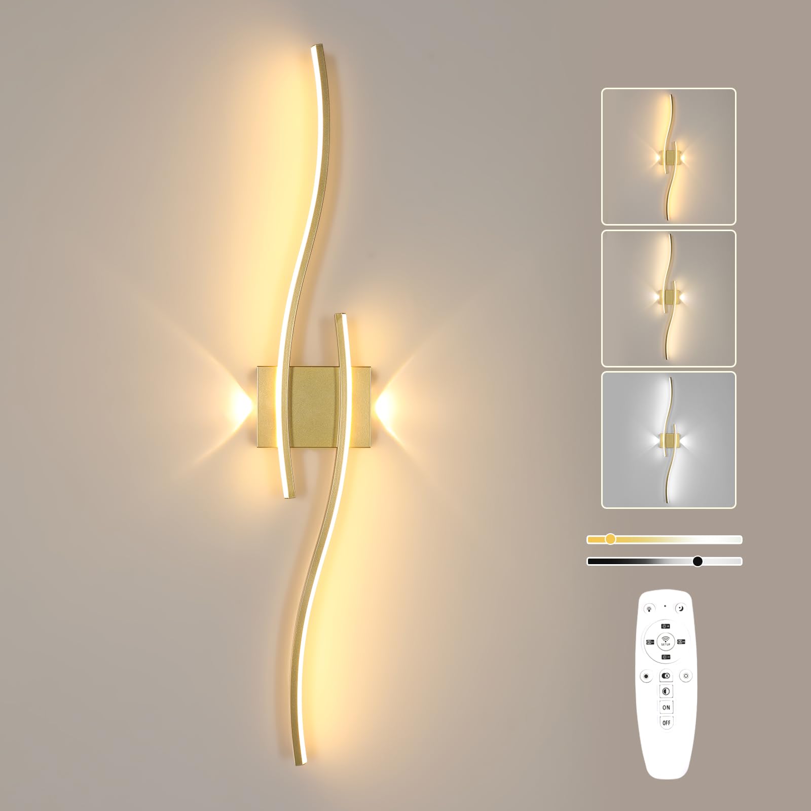 Apliques pared interior LED Goeco de 89cm y lámpara dorada regulable con mando 8