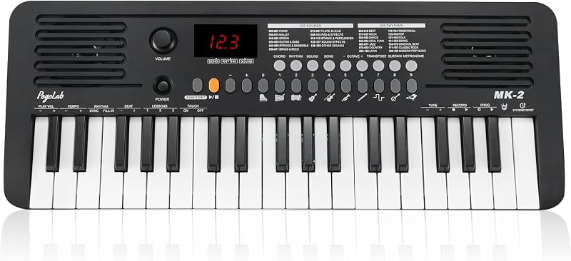 MK-2 Piano con teclado para niños de 37 teclas, teclado pequeño portátil con 40 canciones, 200 sonidos, con función MIDI, pantalla LED y parlantes duales, mini piano musical compacto para niños/principiantes (negro)