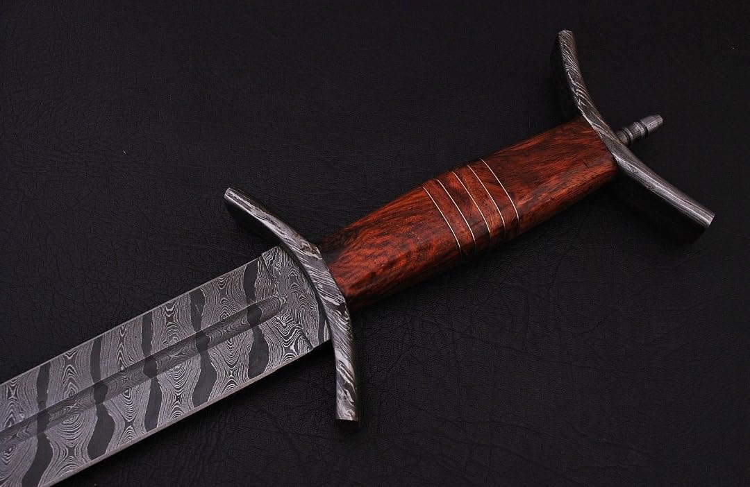 Empire 32 Inch Long Double Edge Sword - Handmade Damascus Steel Cable Twist Pattern Combat Sword with Leather Sheath, Rose Wood Grip, Medieval Sword - Collectible, Best Gift for Him