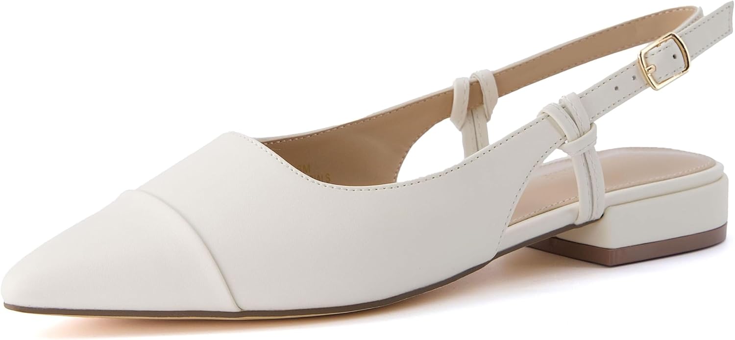 CUSHIONAIRE Women's Forever Pointed Toe Sling Back Dress Shoe +Memory Foam, Wide Widths Available, Cream Smooth