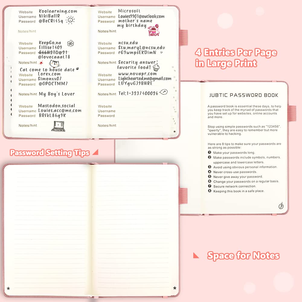 JUBTIC Libro de contraseñas con pestañas alfabéticas. Cuaderno de contraseñas de tamaño mediano para detalles de inicio de sesión de direcciones de sitio web de Internet. Diario de contraseñas de tapa