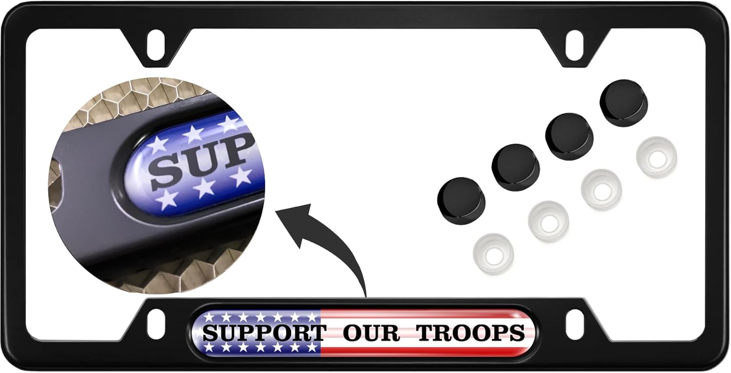 USA Patriotic Anodized Aluminum Thin Top | Narrow Top Car License Plate Frame with Support Our Troops Design Insert with Free caps - Silver