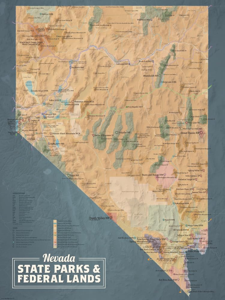 Nevada State Parks & Federal Lands Map 18x24 Poster (Camel & Slate Blue)