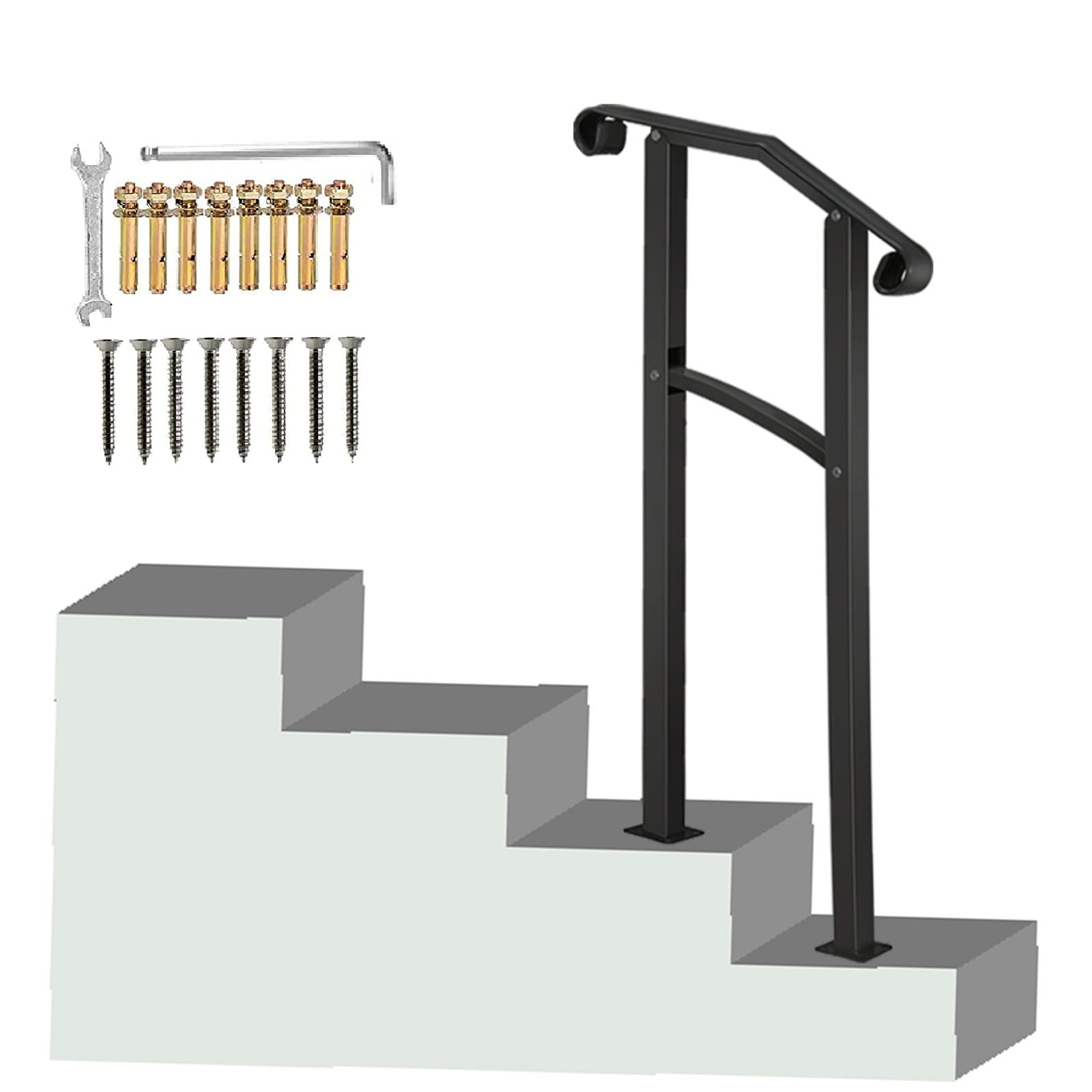 Black Handrail,2 Step Handrail Fits 1 to 2 Steps Mattle Wrought Iron Handrail Stair Rail with Installation Kit Hand Rails for Outdoor Steps