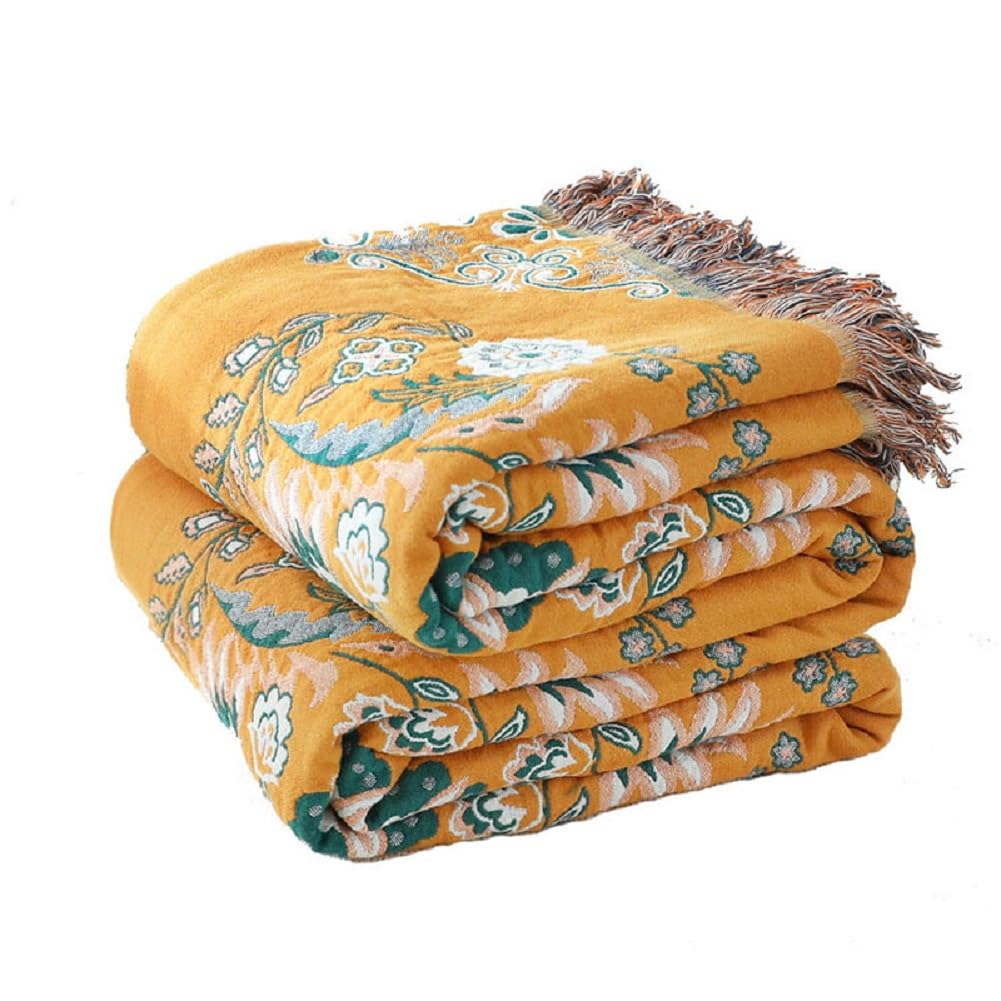 Boho Throw Blanket for Bed - 100% Cotton Vintage Travel Quilt - All Season Blanket Yellow Floral Printed Home Decor Farmhouse Bed Blankets, Super Soft Warm Blanket for Sofa Couch Bed Chair, 60"×80"