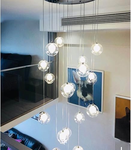 Miniatura 9 de Candelabros largos para techos altos, lámpara colgante moderna de bolas de cristal, lámpara colgante de gota de lluvia, accesorios de iluminación