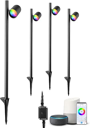 EDISHINE 48Ft Smart LED Landscape Lighting, 300LM Low Voltage Outdoor Spotlgiht, RGBW IP67 Waterproof 12V Landscape Lights, APP Control, Height & 320° Head Adjustable, Compatible with Alexa, 4 Pack