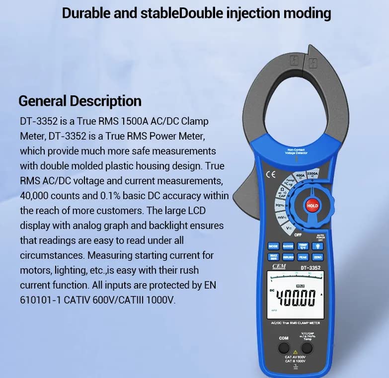 Current clamp Meter CEM DT-3352 40000 Count 1500A AC/DC 900.0kW high Voltage Clamp Meter Multimeter with Inrush Current Function(DT-3352)