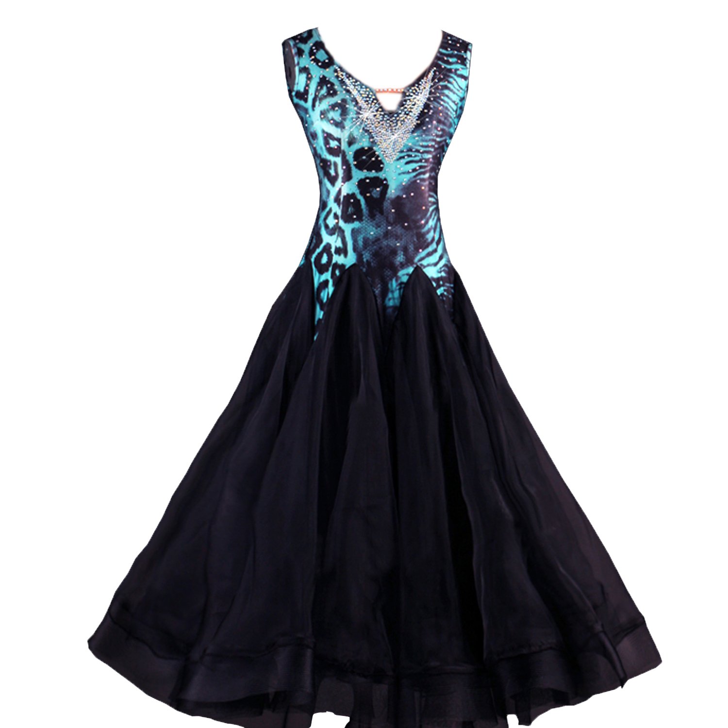 YC Bene Donne Danza Moderna Standard da Ballo Concorrenza Abiti Leopardo Strass, Collo a V Danza Costumi espansione Gonna per Donne Performance Tango Valzer Abiti Leopard M