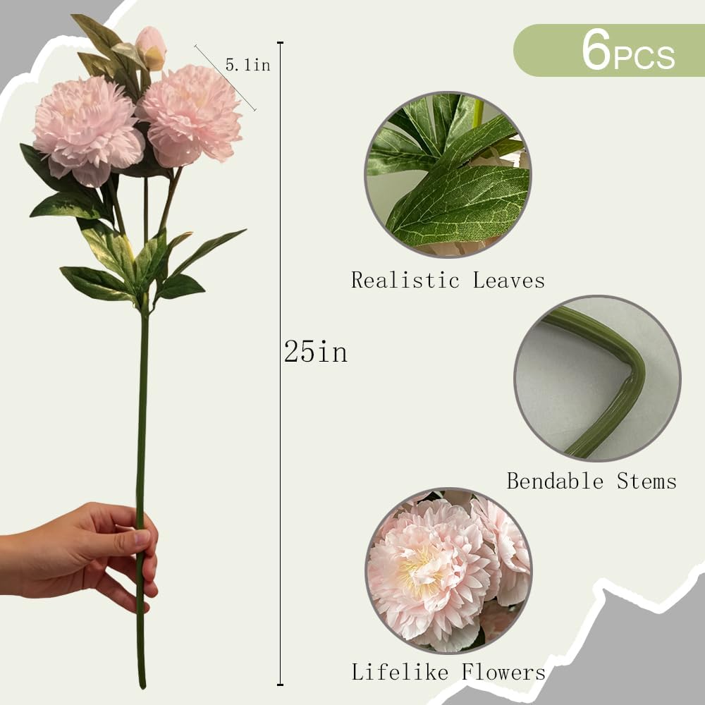 6 Pcs 25'' Fake Silk Peony Artificial Flowers for Vase, Faux Large Peonies Branches with Stems for Tall Vase, Flowers Arrangement for Centerpieces, Home Decorations (Pink)