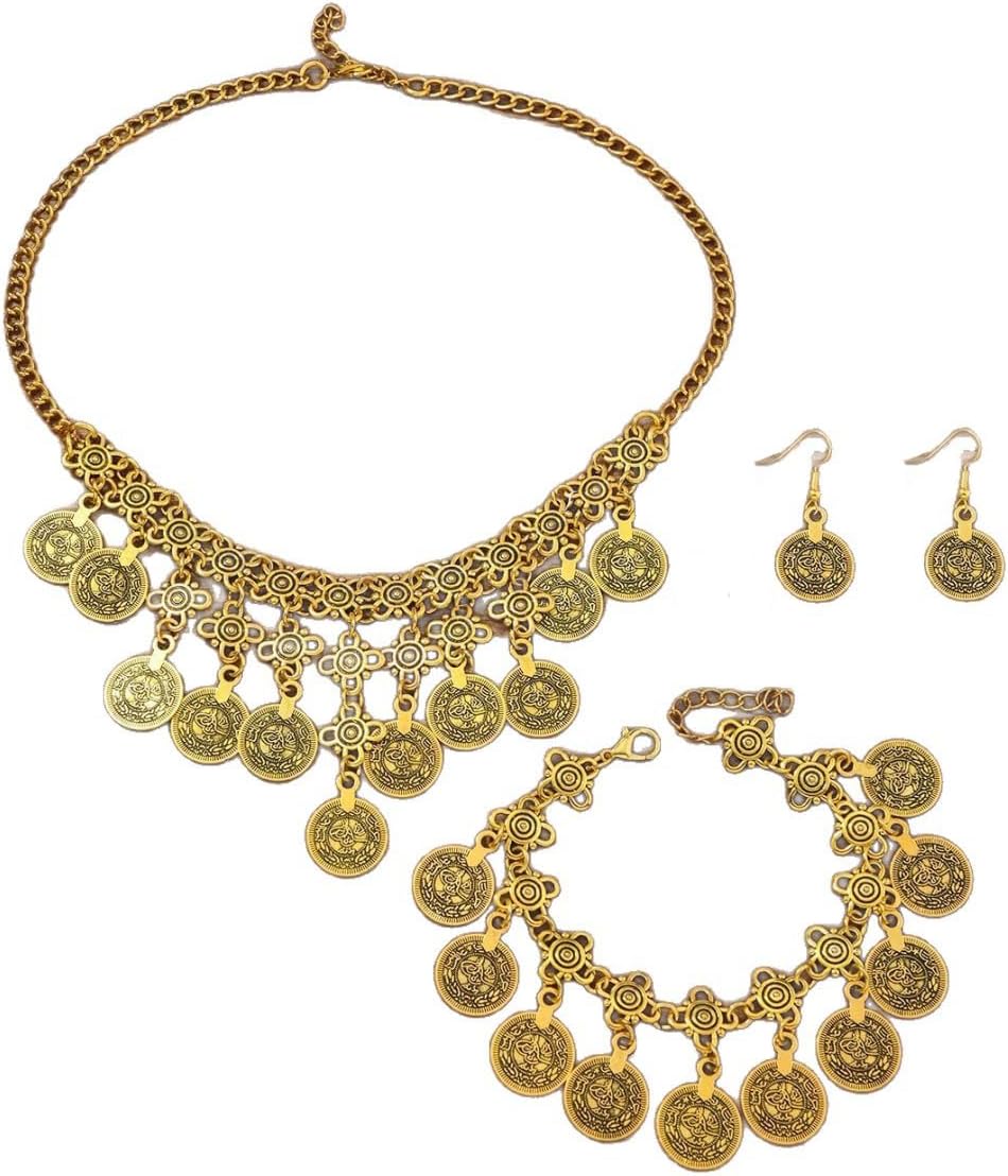 Bohemian Coin Tassel Choker Necklace Earrings Bracelet 3 PCS Ethnic Statement Gypsy Jewelry Set for Women Vintage Traditional Oxidized Boho Belly Dance Costume Accessories Festival Party Jewelry Gifts