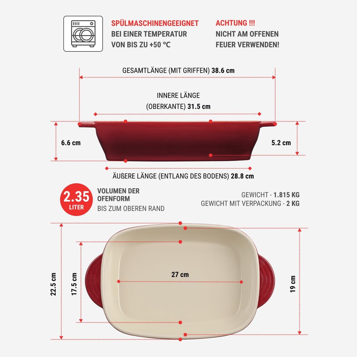 96113 Rectangular Baking Dish 2.4l - Small Baking Dish For Oven - Ceramic Baking Dish - Ceramic Oven Dish - Dishwasher Safe Ceramic Roasting Dish For Oven (175 x 55 x 274 mm)