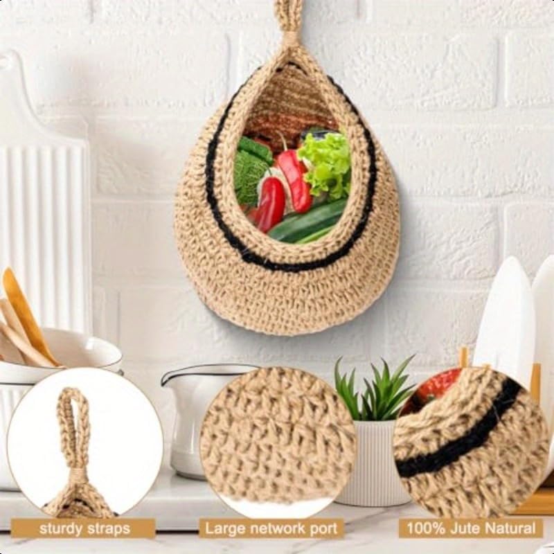 Hanging Fruits Baskets, Wall Hanging Basket for Kitchen Teardrop Hanging Baskets Boho Storage Baskets with Hook,for Vegetable Onion Potato Garlic and Plants