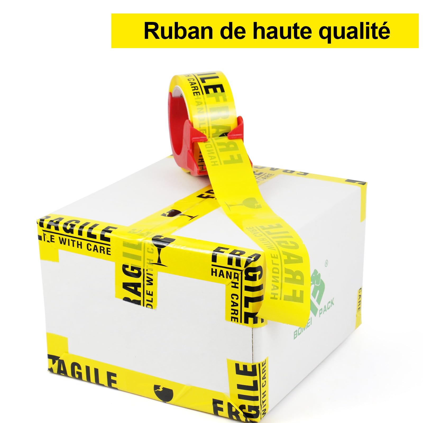 BOMEI PACK FRAGILE Jaune Ruban d’emballage sécurité 66m x 48mm–6 rouleaux avec dévidoir Adhésif fort pour colis, entrepôt, e-commerce