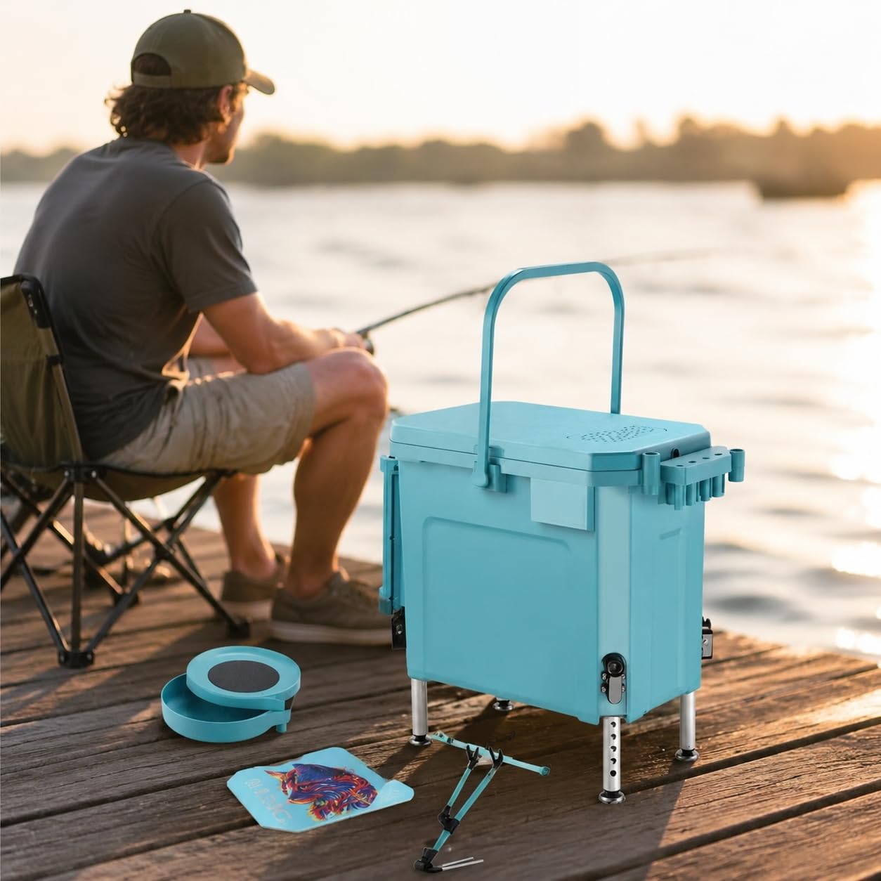 Homyl Panchetto Portatile per Pescatori, Accessori Pesca con Porta Canne e Piatto Magnetico, panchetto pesca