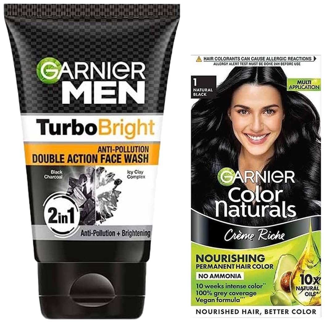 Garnier Men Power White Double Action Face Wash, 100gm and Garnier Color Naturals, Shade 1, Natural Black 70 ml + 60 gm
