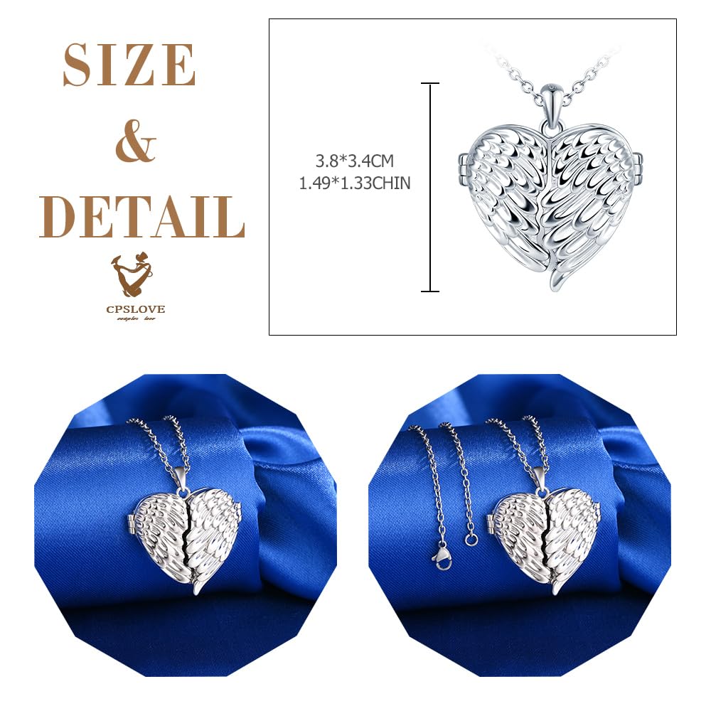 Damen 925 Silber Herz Halskette Medaillon, Engelsflügel Foto Anhänger Ketten, Persönlicher Schmuck für Frauen Mutter Freundin