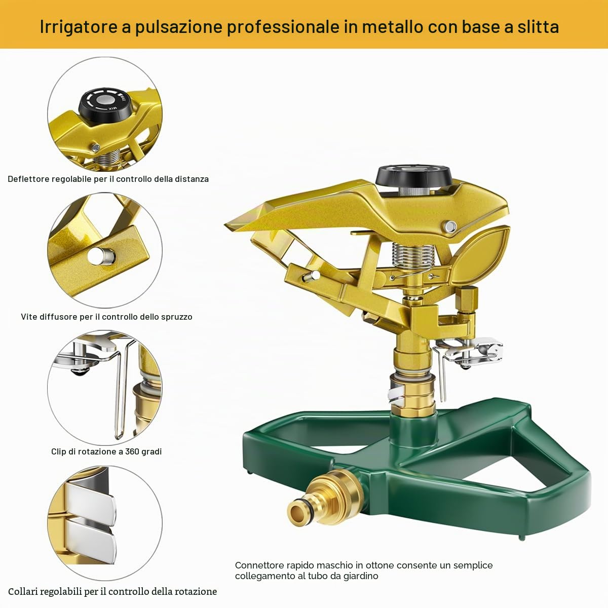 FANHAO Irrigatore a Pulsazione per Impieghi Gravosi, Irrigatore con Base in Metallo per Irrigare Aree fino a 540 m², Copertura di un'ampia Area a 360 Gradi, Metallo Solido