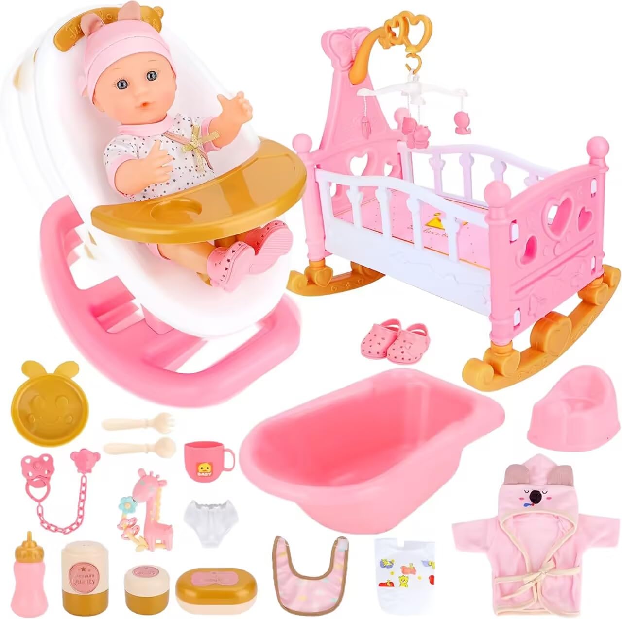 deAO Bambola con Accessori Set 21 Pezzi, Regalo per Bambine 3 Anni | Seggiolone, Lettino a Dondolo, Bambola Baby da 30 cm, Biberon, Ciuccio, Pannolino, Stoviglie, Vestitini, Gioco di Ruolo