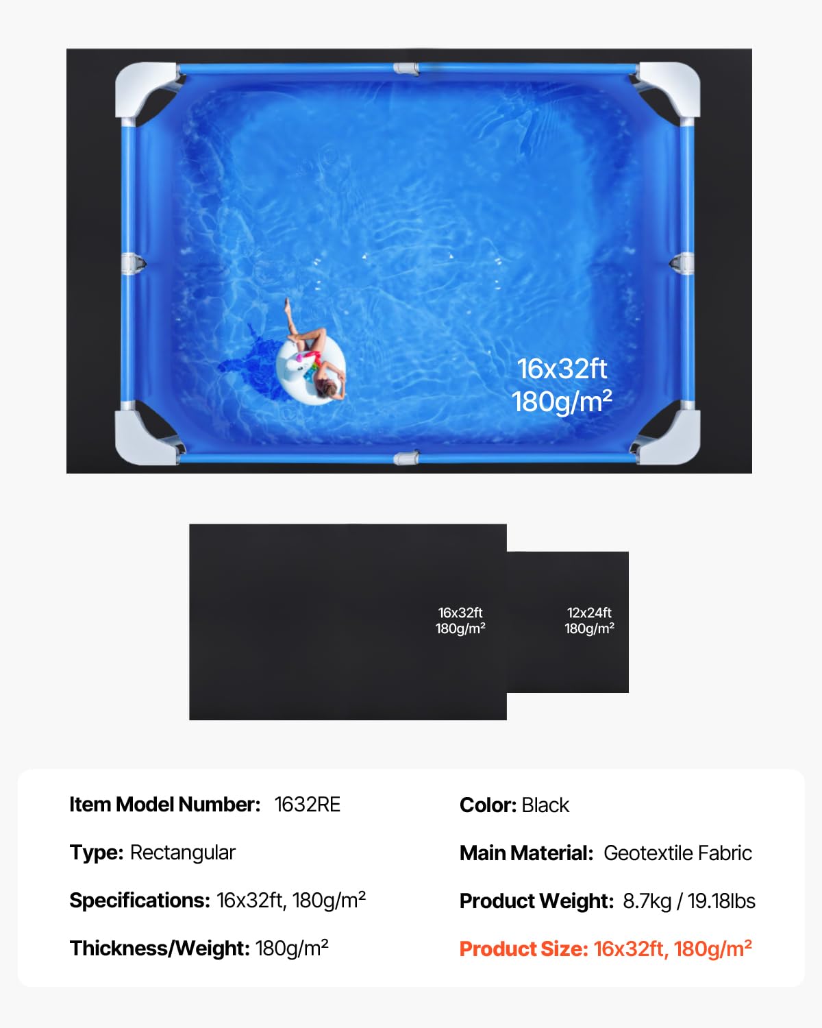VEVOR Rettangolare Rivestimento per Piscina, Rivestimento Piscine Fuori Terra, Tappetino Piscina Extra Spesso, Materiale Tessuto Durevoli Sottofondo, 488 x 975 cm 180 g/m² Nero 8,7 kg