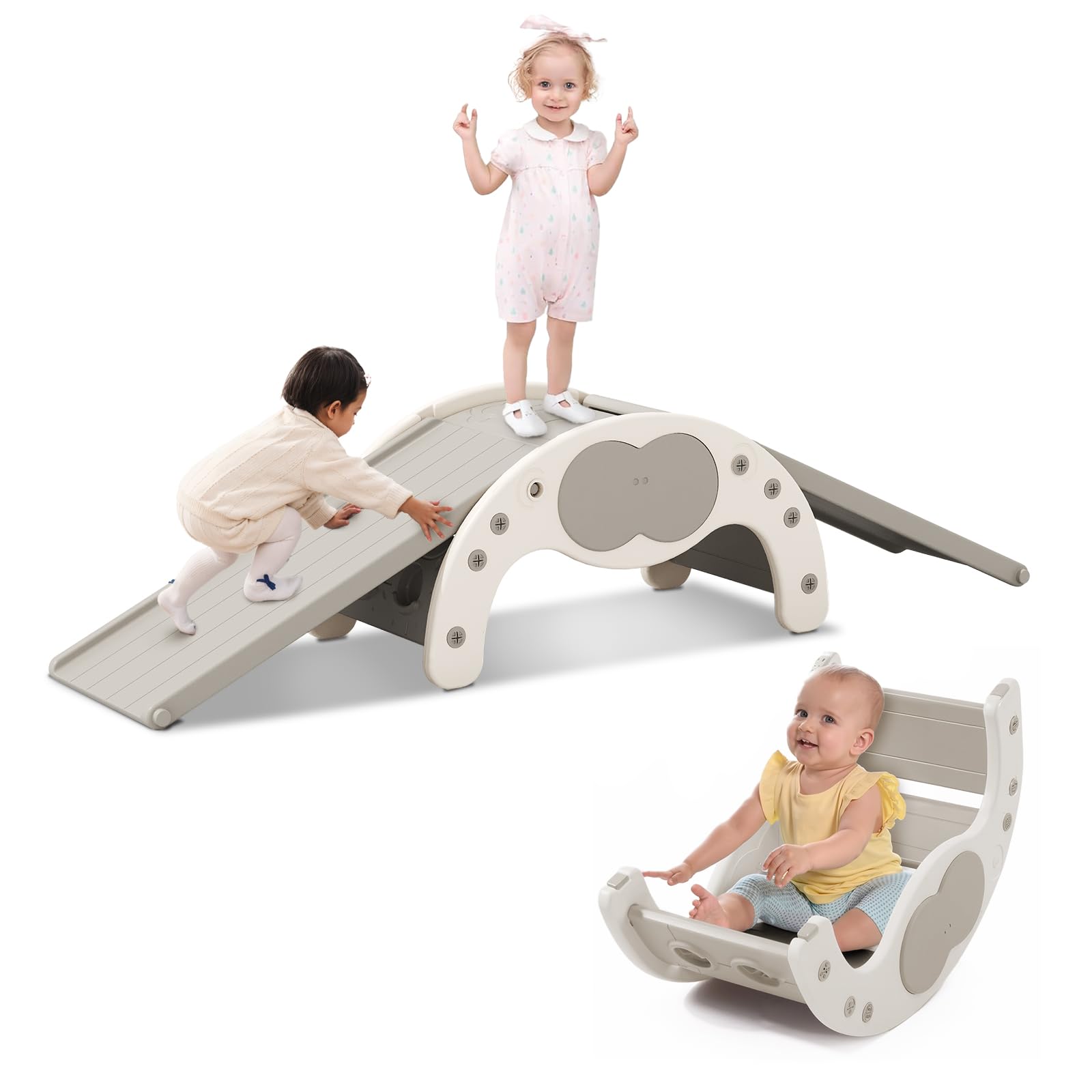 FUKEA 3 in 1 Toddler Climbing Frame with Slide Indoor Montessori Climber Playset and Rocker Toys for Kids Indoor Outdoor Garden Playground（Grey，2 panel） — image 1