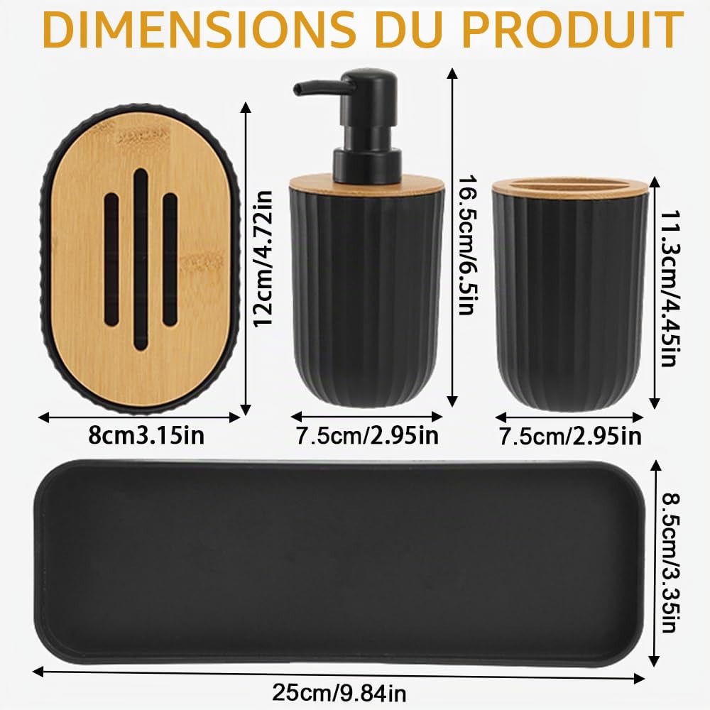 Lot de 5 accessoires de salle de bain en plastique noir incluant distributeur de savon, porte-brosse à dents, tasse et porte-savon
