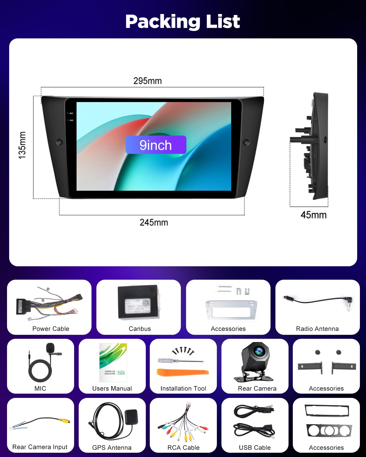 NHOPEEW 4+64G Autoradio per BMW Serie 3 E90 E91 E92 E93 2005-2013 con Wireless Carplay e Android Auto - Schermo incell da 9 pollici Supporto WiFi GPS Comandi al volante + Telecamera di retromarcia