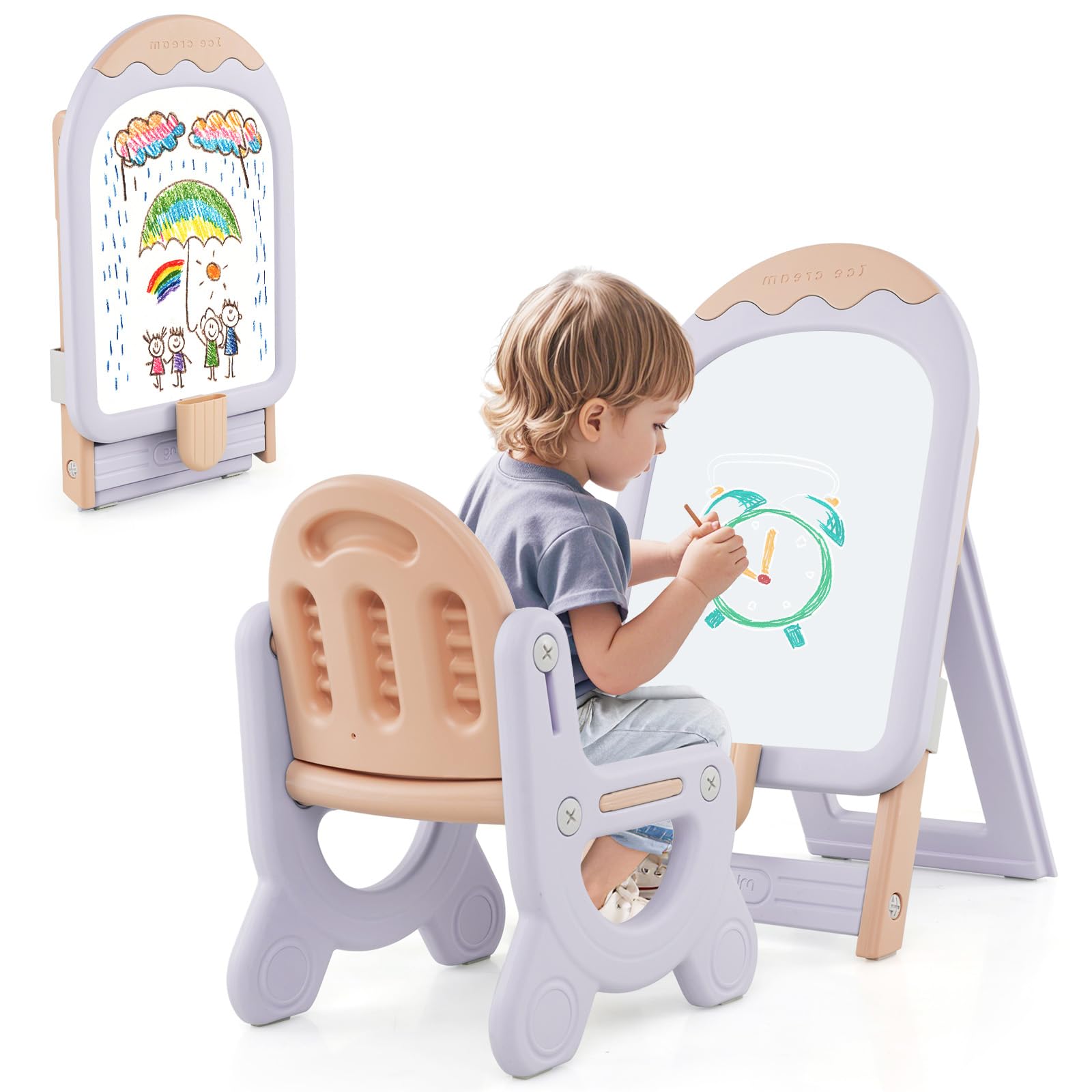 RELAX4LIFE Pizarra Infantil en Forma de Helado con Silla, Pizarra Magnética Plegable y Ajustable en Altura con Borrador, 5 Marcadores y 16 Juguetes, Caballete Pintura para Niños de 3+ Años (Morado)