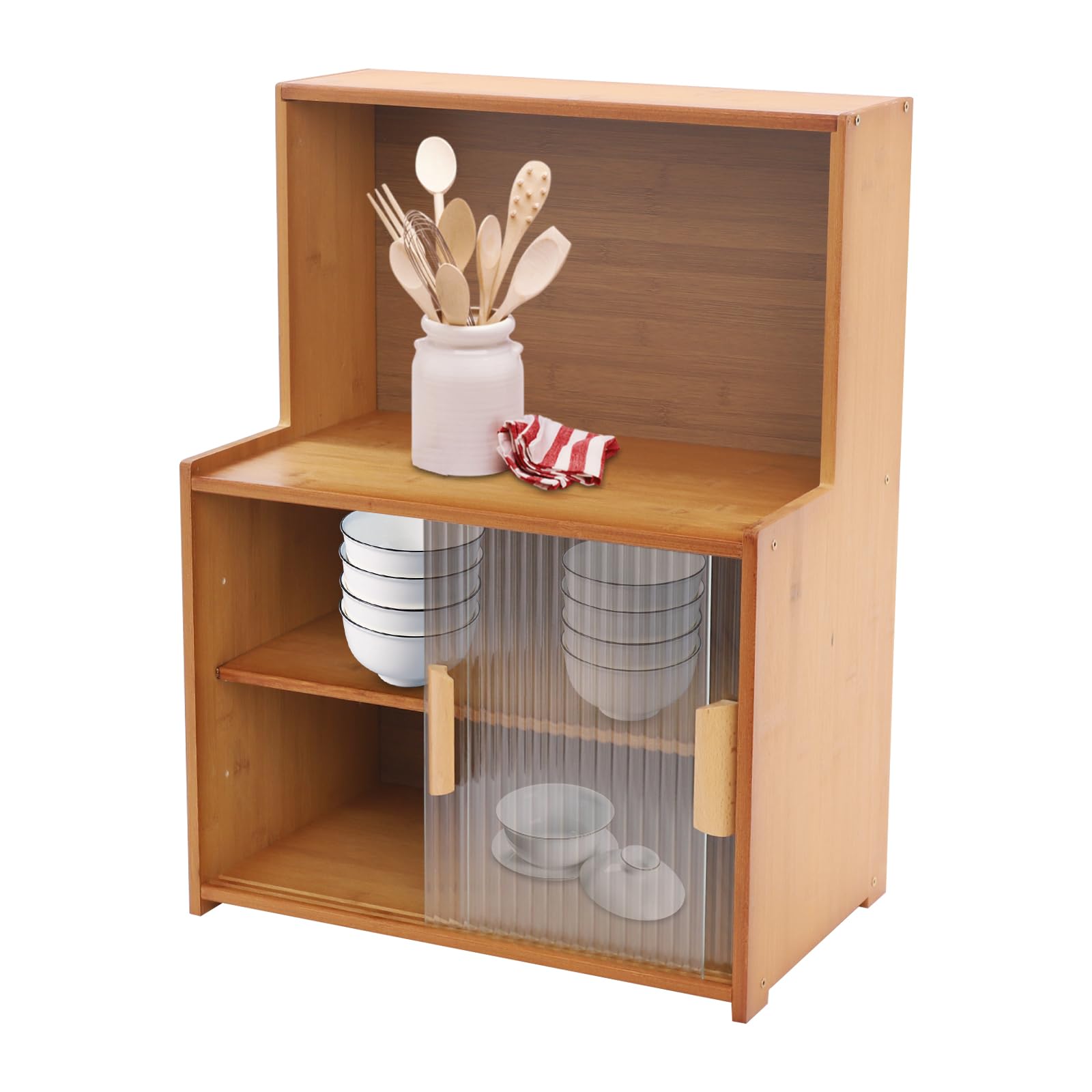 Armoire de rangement, petit buffet de cuisine en bambou pour plan de travail, armoire de cuisine avec porte coulissante et poignée pour pots à épices, ustensiles de cuisine et accessoires