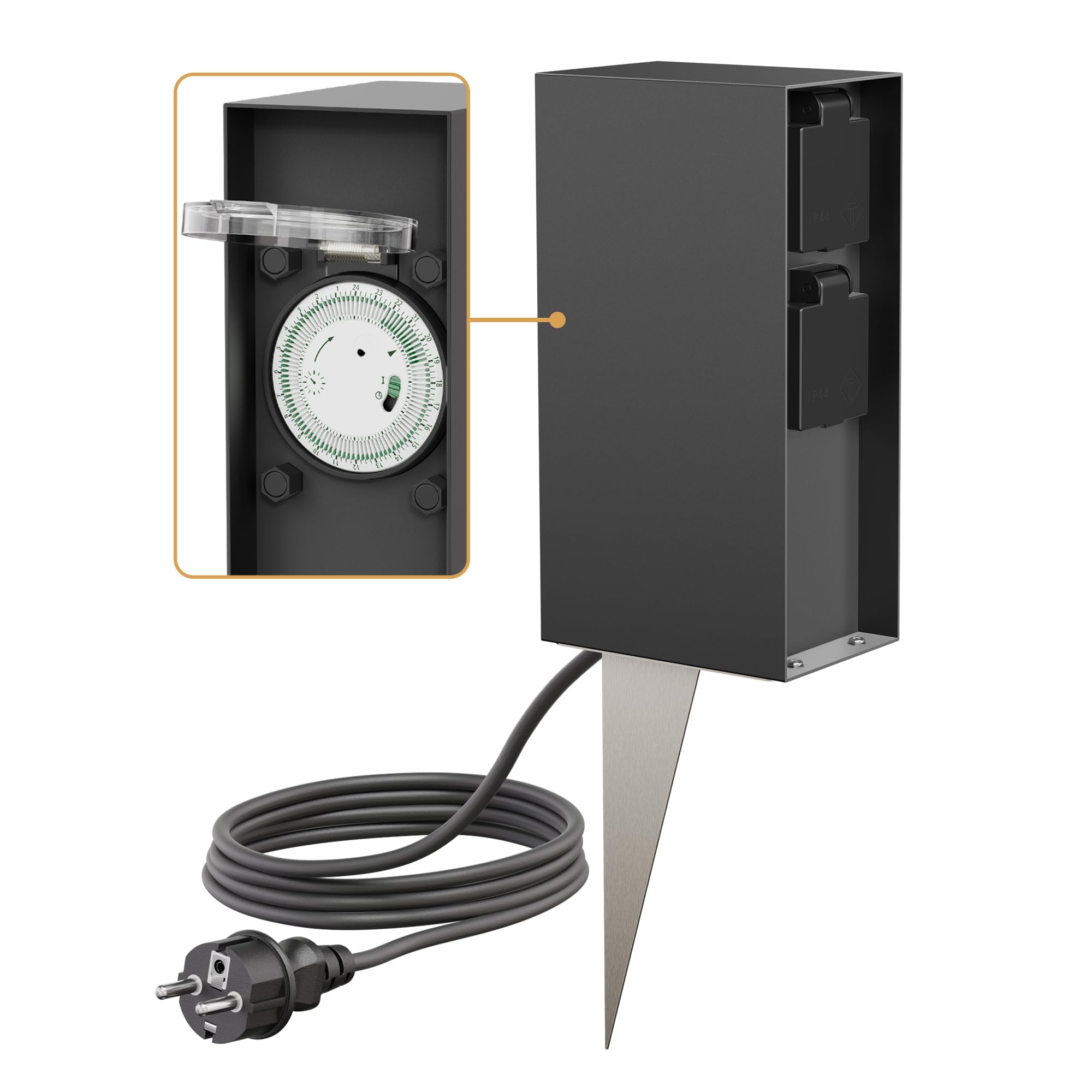 ledscom.de Garten-Steckdosensäule POMI mit Erdspieß und 2m Kabel für außen, IP44, Timer/Zeitschaltuhr, 2-Fach, anthrazit, eckig, 23cm