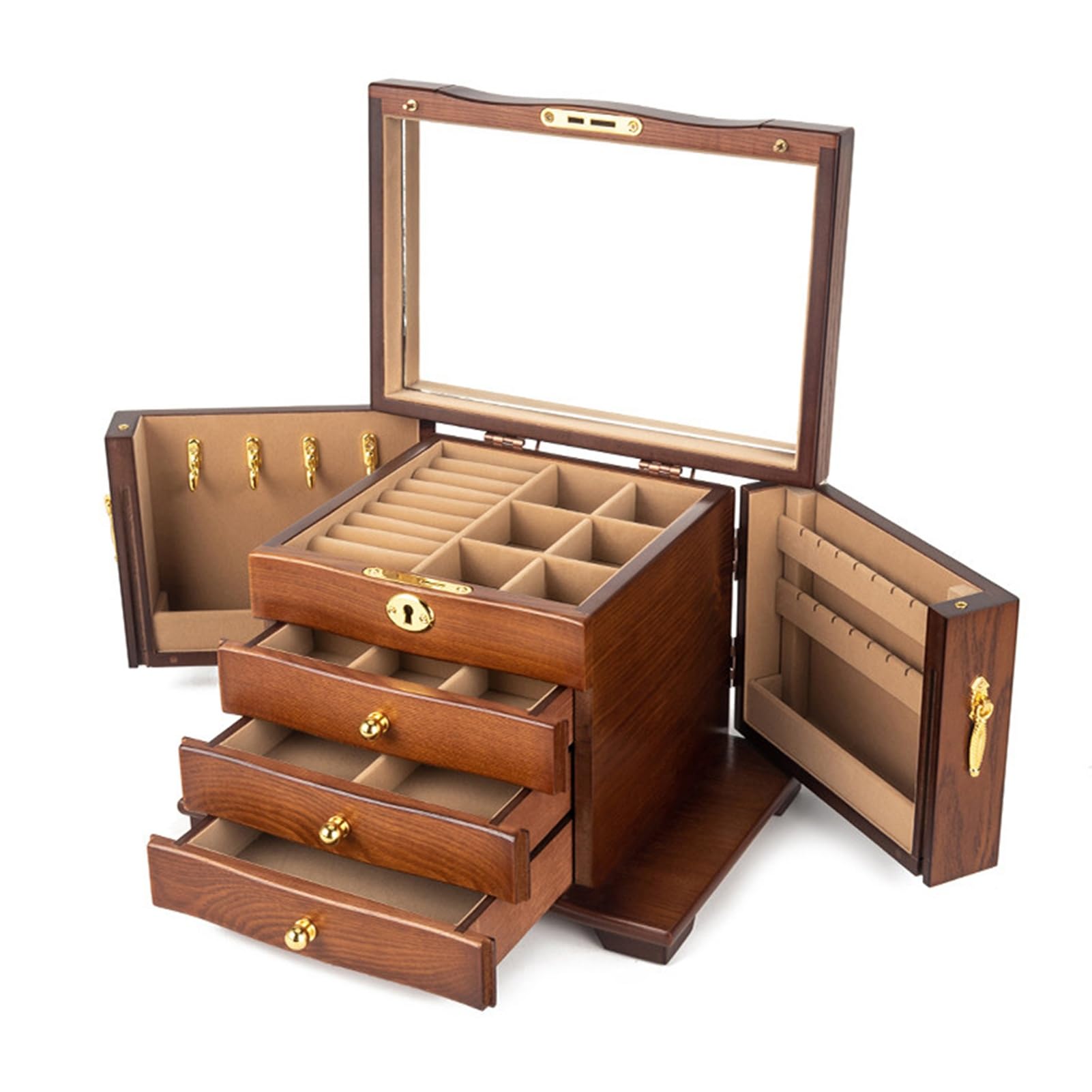 SDFSDE 4-Layer Wooden Jewelry Box With Mirror And Lock Luxury Jewelry Organizer And Storage Box For Watches Necklaces Rings Earrings Bracelets For Women(Brown)