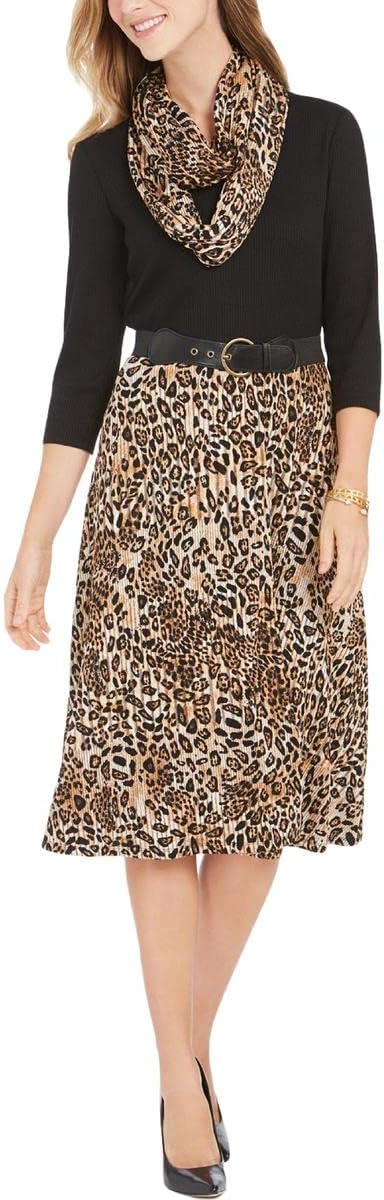 Signature by Robbie Bee Womens Petites Leopard Midi Sweaterdress, Multicolor, Small Petite