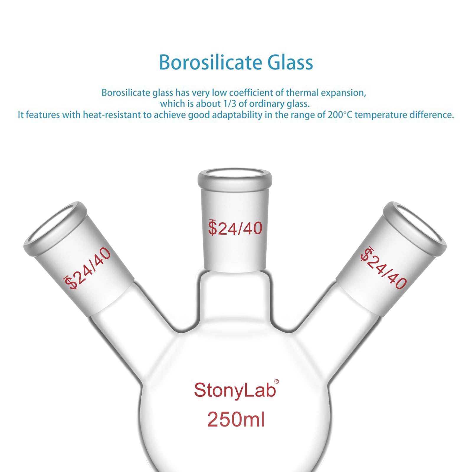 stonylab Pallone a Fondo Piatto a 3 Collo, Vetro borosilicato, Giunto Conico Standard 24/40, Pallone da Reazione per Laboratorio di Chimica, Capacità 250 ml