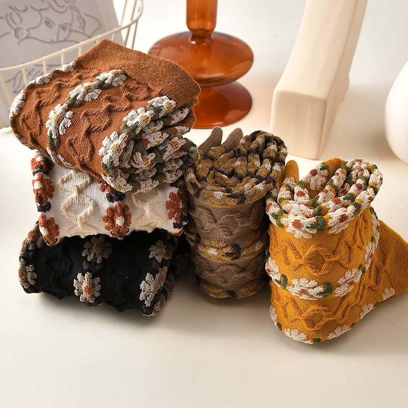 Tooe 5 Pairs Floral Socks Y2K Vintage Embroidered Patterned Crew Cotton Socks Ankle Ruffled Warm Knit Dress Socks3