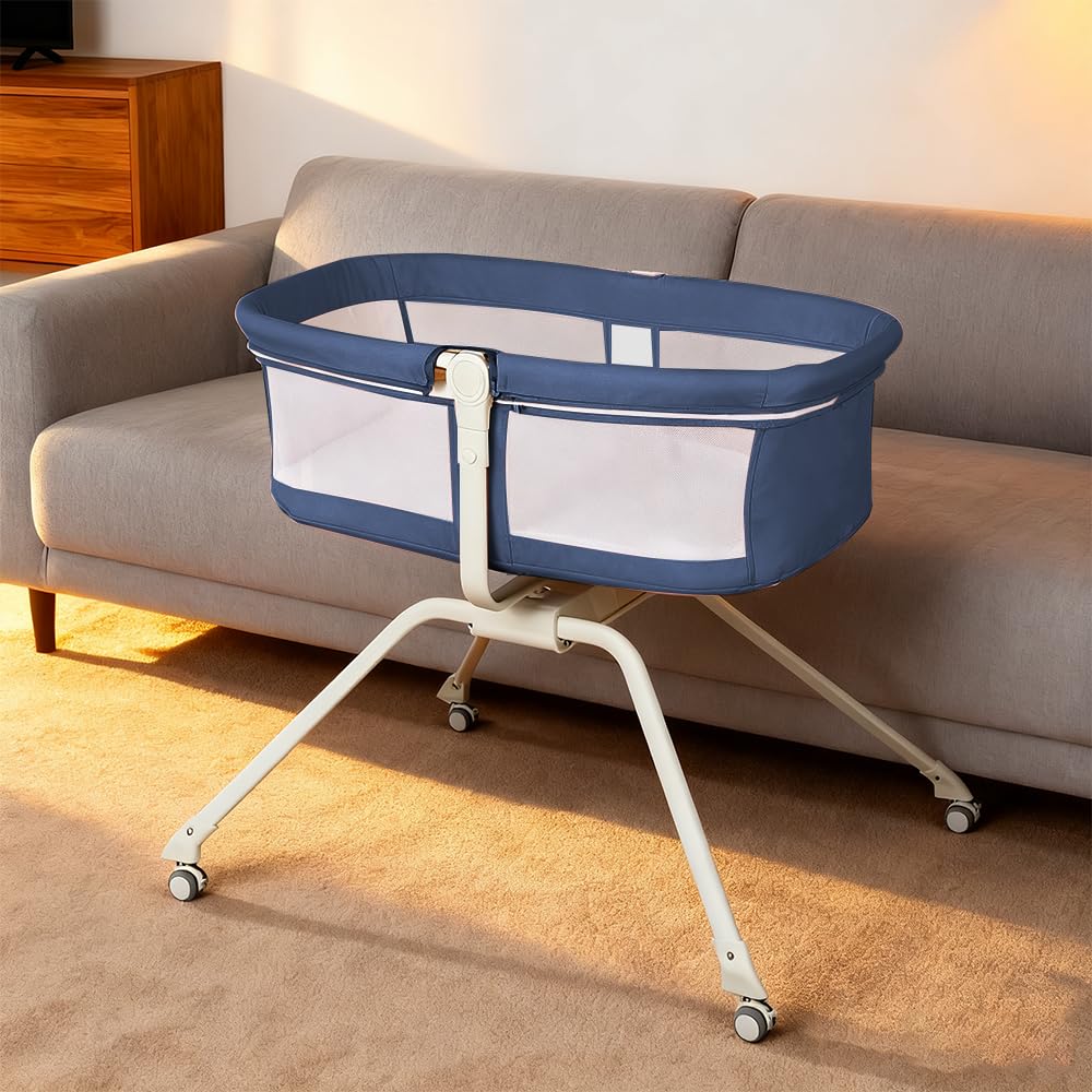 homewell 2 in 1 Babybett & Babywiege, Kinderreisebett, Stubenwagen Baby mit Moskitonetz, Reisebett für Babys, von 0 bis 9 kg, schnelle Montage (Marineblau)