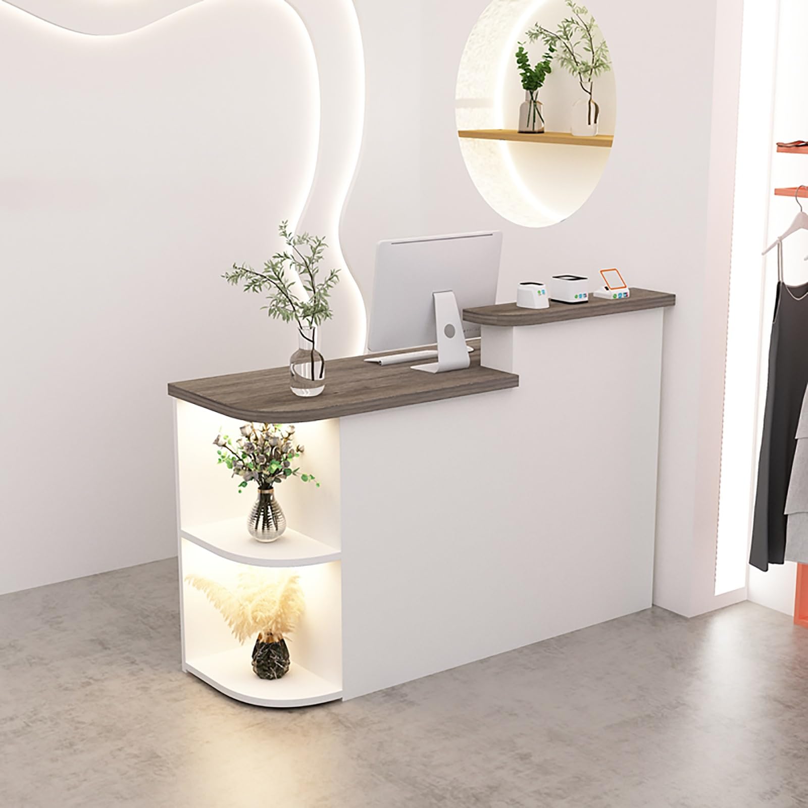 Empfangstresen mit Theke, Empfangstresen mit Stauraum, kleiner Empfangstresen mit LED-Licht, Ladenkassentresen mit offenen Trennwänden, aus E-Grade-Material, geeignet für Auszeiten, Läden et