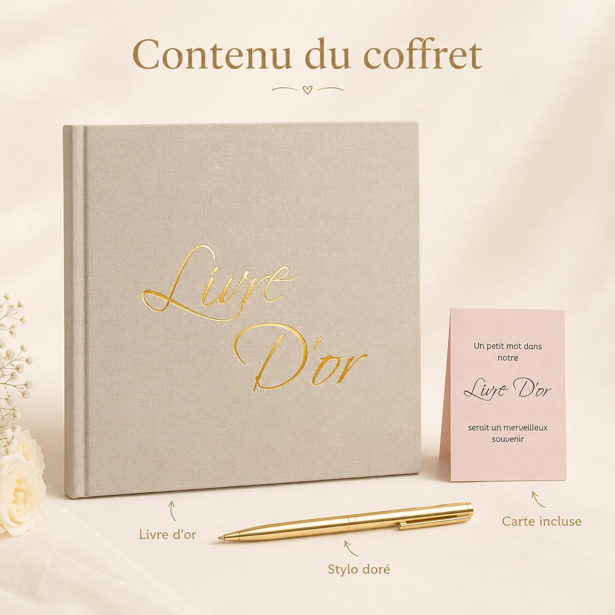 Livre d'Or Lin Beige 21x21 cm 100 Pages Blanches Stylo et Affiche Mariage Anniversaire Baptême
