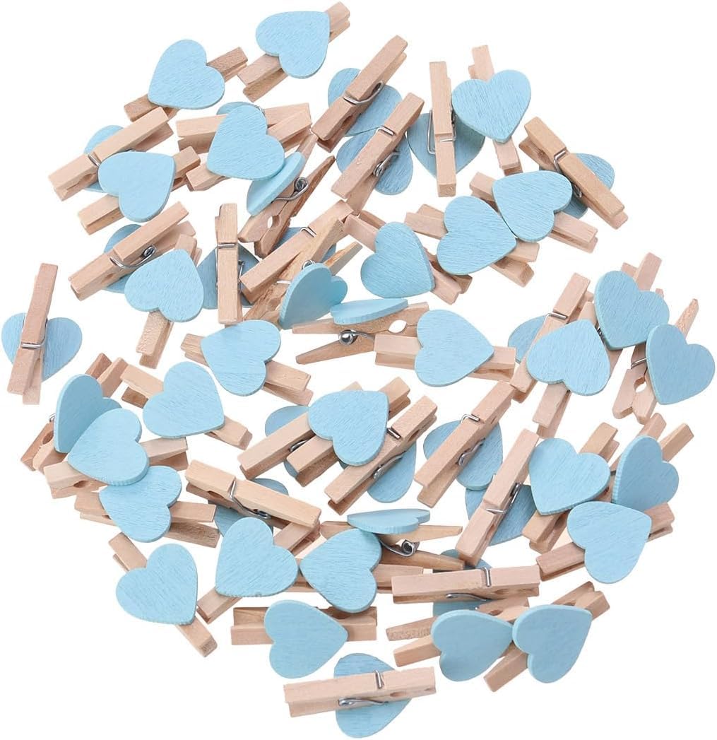 Niltracy Multicolor 50Pcs Mini Wooden Clips Clothespins Crafts Clips With Hearts For Wedding Party Valentines Day Decoration Blue