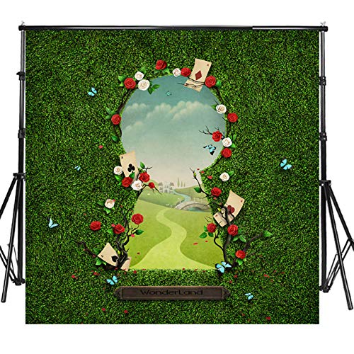 Sensfun 8x8ft Vinyl Wonderland Photo Backdrops for Baby Shower Birthday Newborn Cake Table Banner Fantasy Fairy Tale Green Grass Gate to Wonderland Photography Background Photo Studio Props(SXY1326)