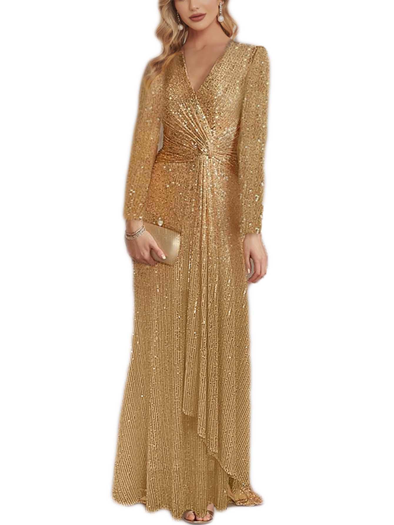 meilun Long Sleeve Sequin Dress for Women Formal Gowns Sparkly V Neck Maxi Dress