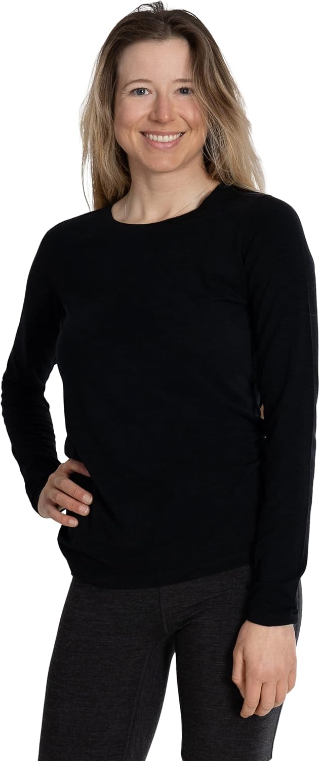Woolly Clothing Co. Women's Merino Wool Flex Long Sleeve Crew Neck Shirt - Ultralight - Wicking Breathable Anti-Odor