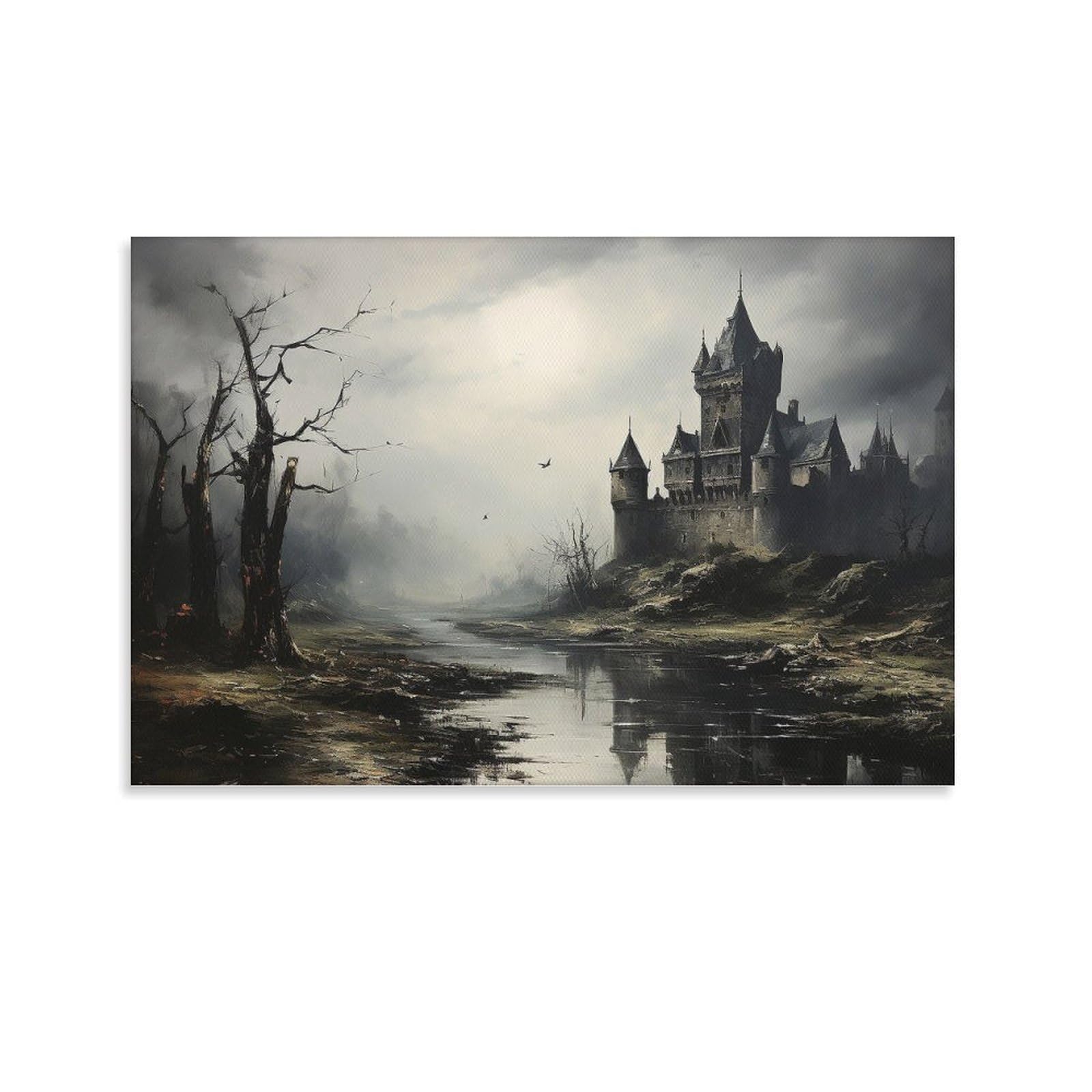 Dyhxa Vintage Castle, Moody Landscape, Dark Wall Art, Gothic Dark Cottagecore, Dark Academia Decor, Victorian Dark Oil Painting Canvas Modern Poster Wall Art Decor Prints Paintings Living Room Bedroom Decor