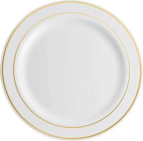 Miniatura 2 de Munfix Juego de 100 platos de plástico dorados, 10 pulgadas, elegantes platos desechables para fiestas, bodas, color blanco con borde dorado