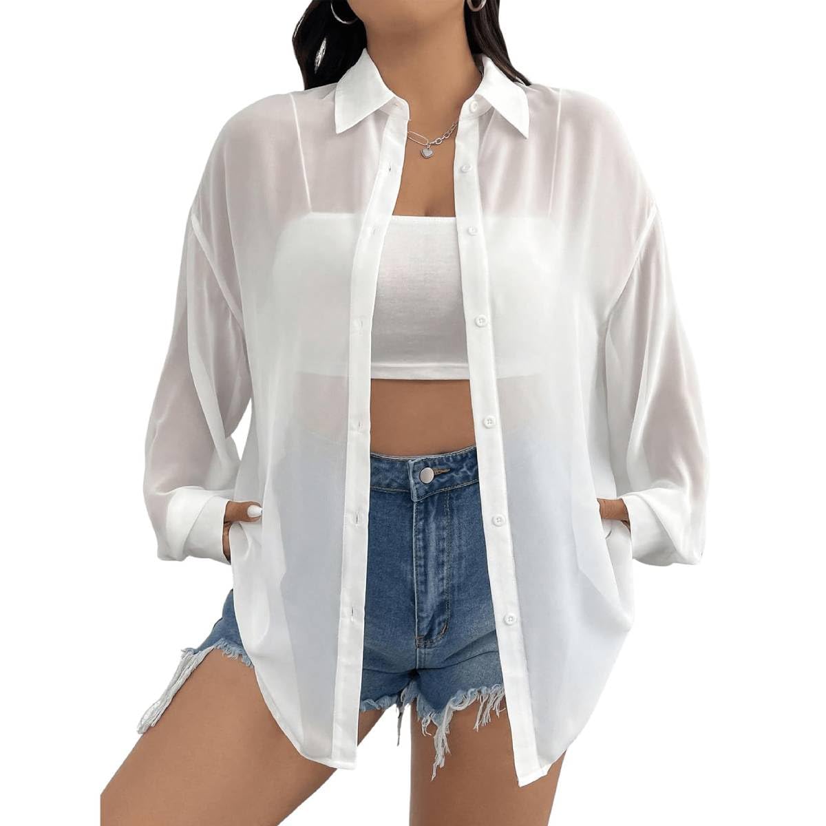 sannidhi Sheer Tops for Women Sheer Button Up Blouse Mesh Long Sleeve Sexy See Through Tops Mesh Shirts, One Size-picture-13