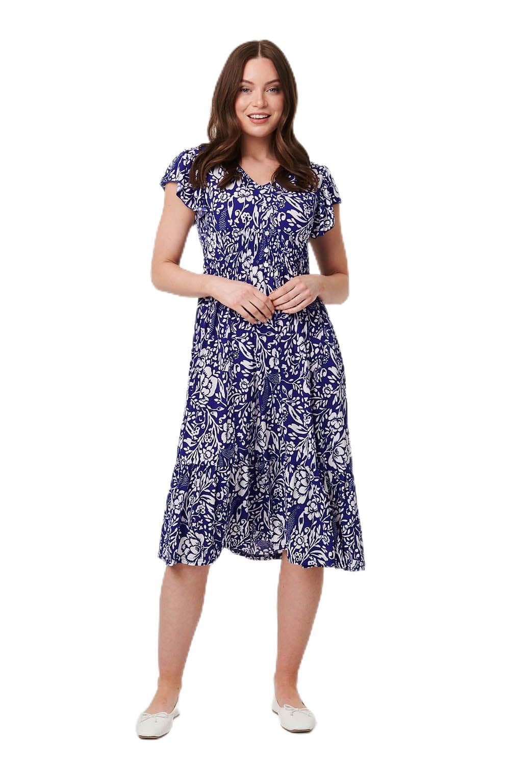 Izabel London Floral Cap Sleeve Midi Dress for Women UK with a v-Neck, Front Buttons and a Shirred Waist. Blue