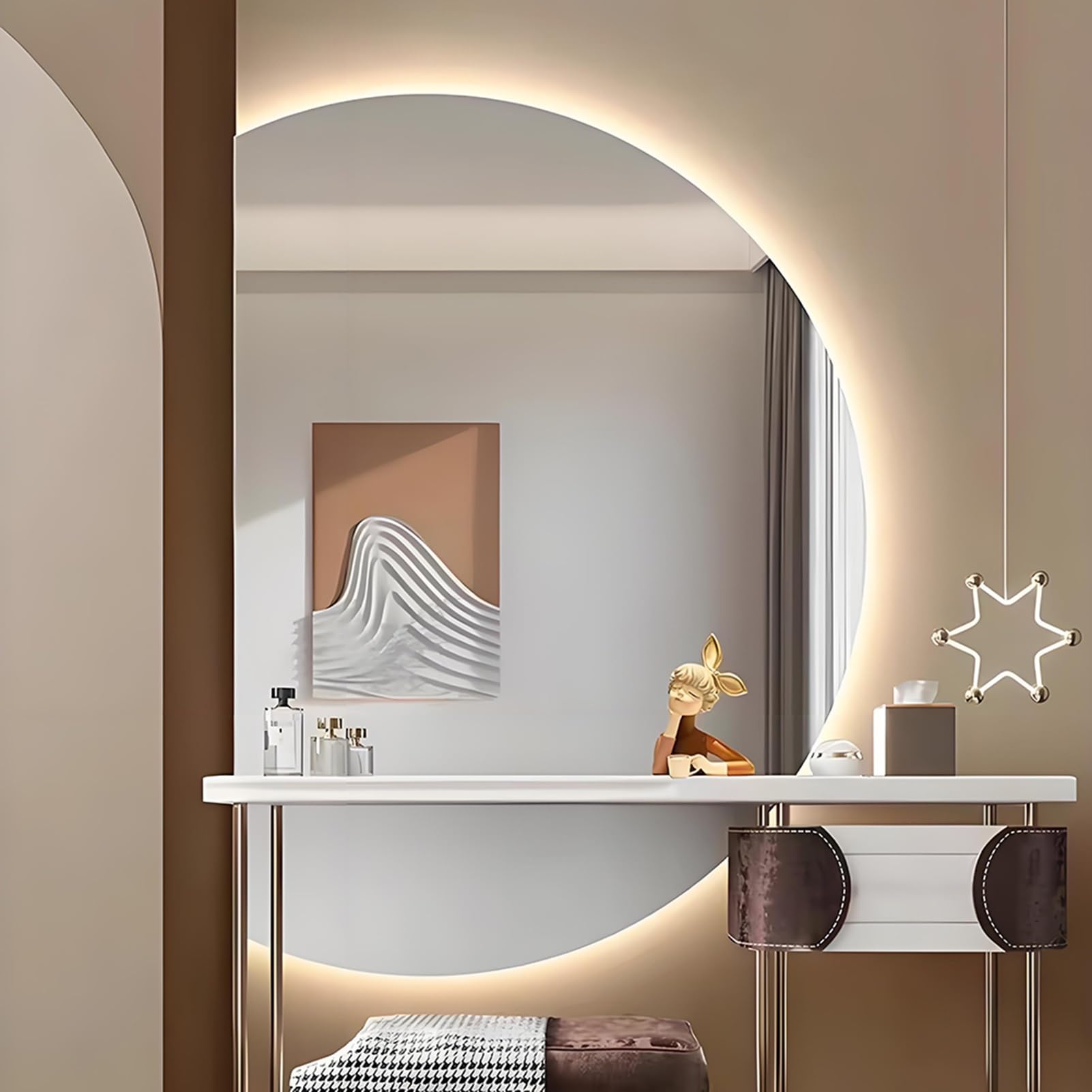 SXFSDOU Smart Bathroom Mirror, 3 Colors Dimmable Backlit Vanity Mirror 47 * 32inch, 35 24inch Half Moon LED Wall with Touch Switch(Left Cut,35"*24")