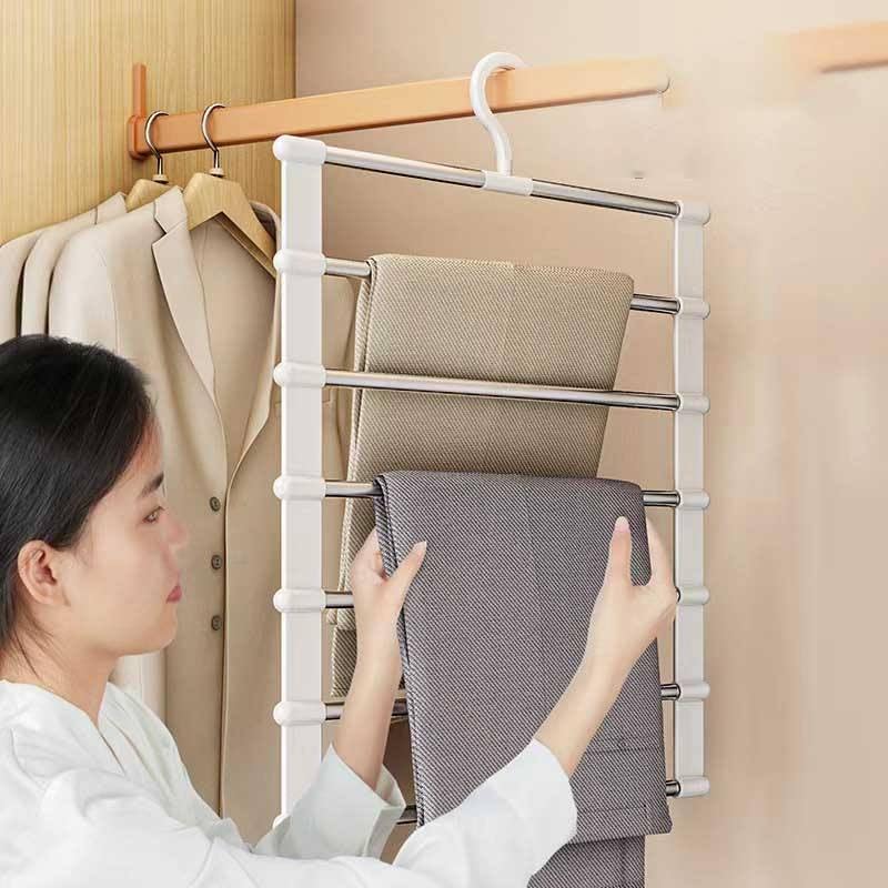 Image of Xmart India 5 Layer Folding Pants Hangers - Stainless Steel Multi-Tier Closet Organizer Space-Saving Hanger for Jeans, Trousers, Leggings Multi-Layer Pant Organizer for Wardrobe, Clothes Hanging