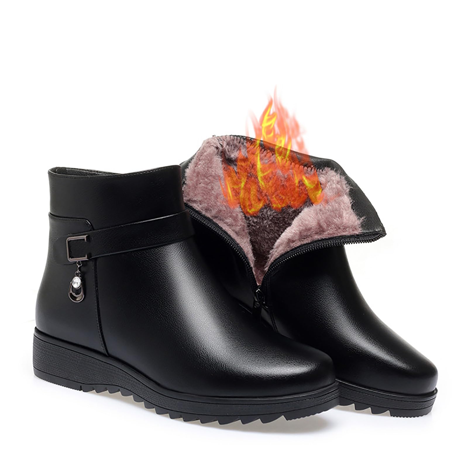 Womens Leather Wedge Winter Snow Boots Fashion Sparkling Rhinestones Warm Fully Fur Lined Side Zipper Softsole Ankle Boots